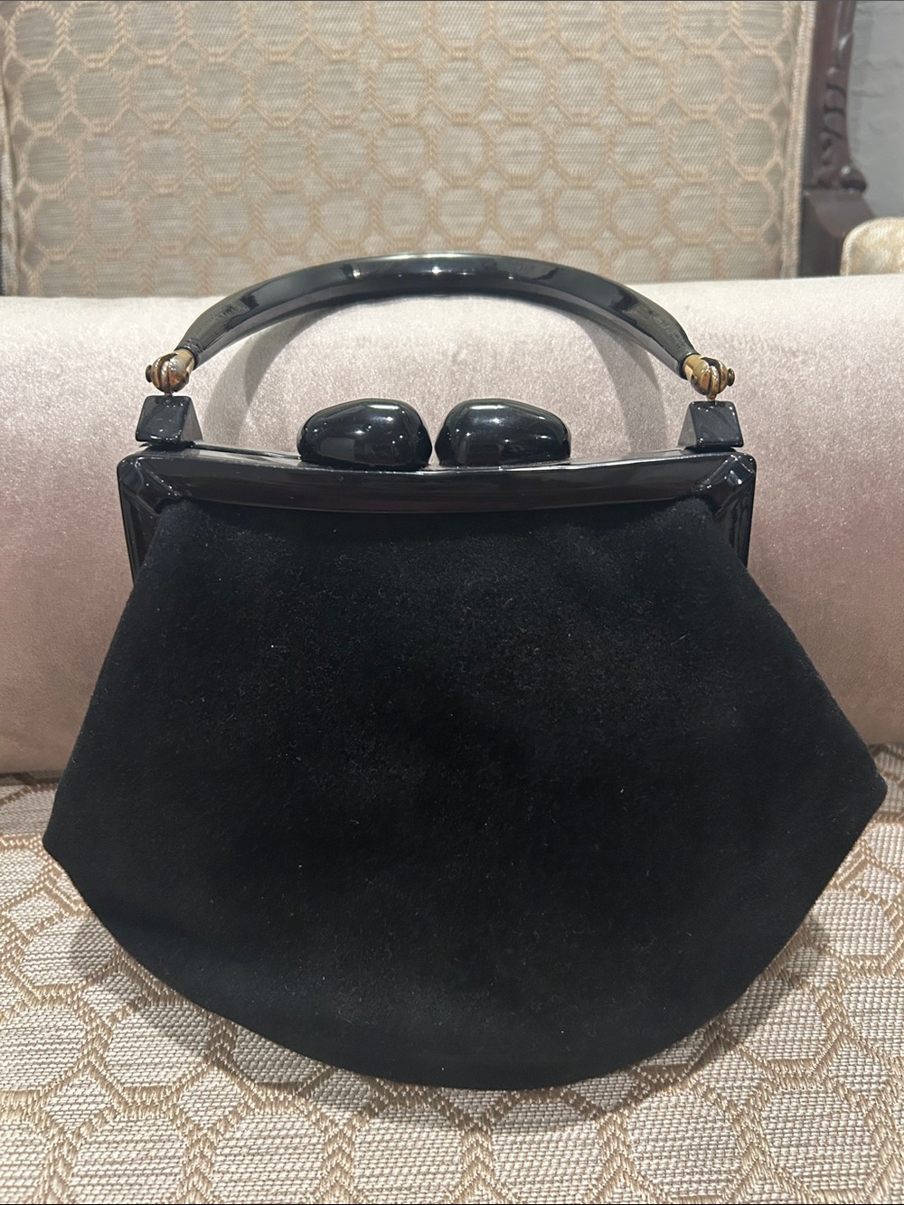Black Suede Kiss-Lock Top Handle Clutch